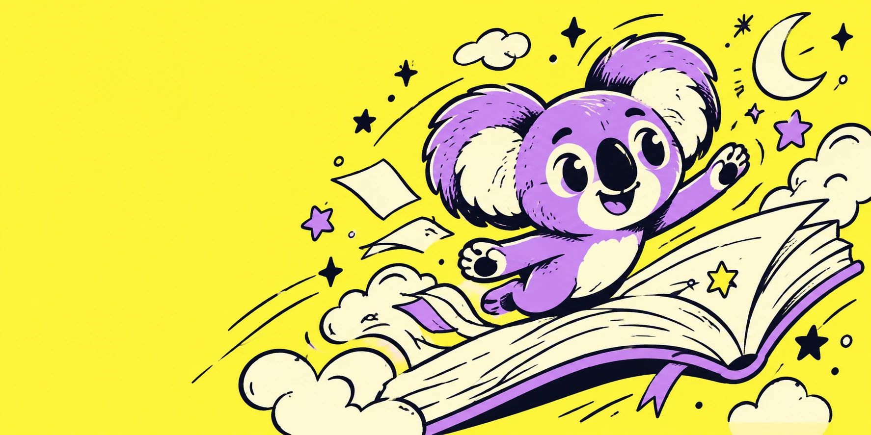 Mor koala, açık bir rüya defteri üzerinde uçuyor